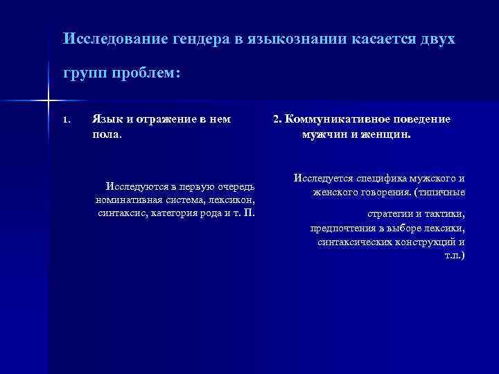 Исследование гендера в языкознании касается двух групп проблем:  1.  Язык и отражение