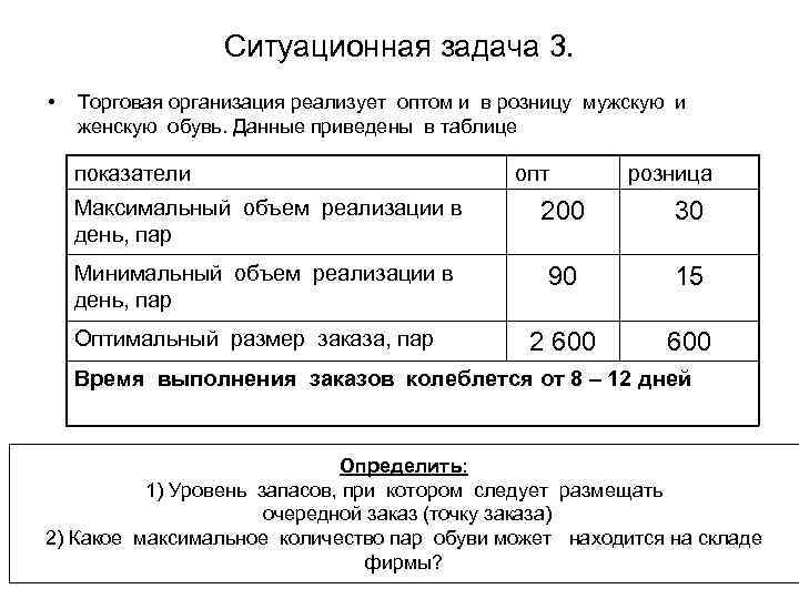    Ситуационная задача 3.  •  Торговая организация реализует оптом и