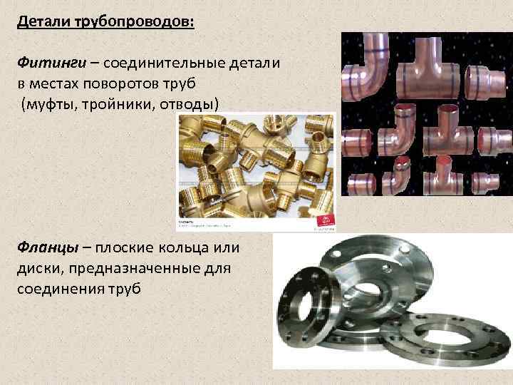 Детали трубопроводов:  Фитинги – соединительные детали в местах поворотов труб (муфты, тройники, отводы)