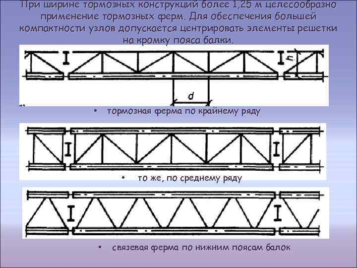 При ширине тормозных конструкций более 1, 25 м целесообразно  применение тормозных ферм. Для