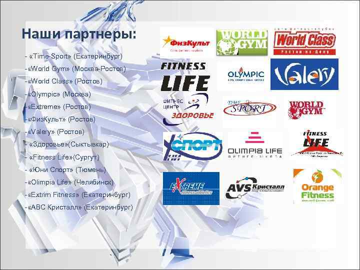Наши партнеры: - «Time-Sport» (Екатеринбург) - «World Gym» (Москва-Ростов) - «World Class» (Ростов) -