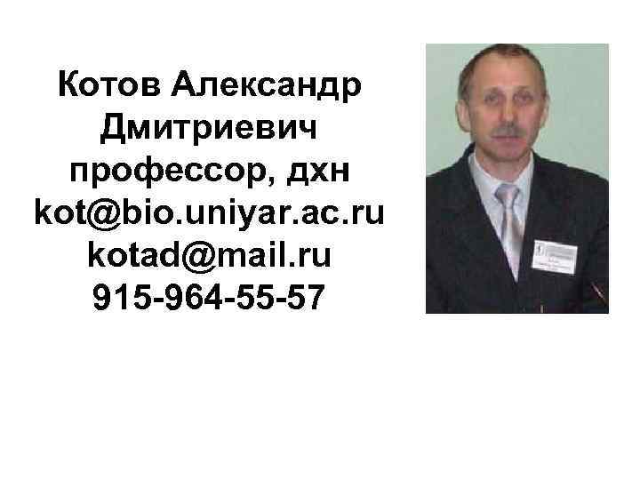 Котов Александр Дмитриевич профессор, дхн kot@bio. uniyar. ac. ru kotad@mail. ru Котов Александр Дмитриевич профессор, дхн kot@bio. uniyar. ac. ru kotad@mail. ru