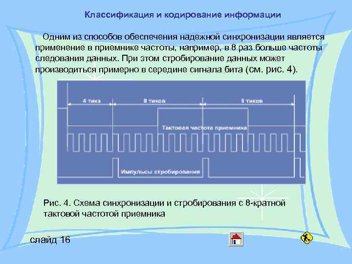 Классификация и кодирование информации Одним из способов обеспечения надежной синхронизации является применение Классификация и кодирование информации Одним из способов обеспечения надежной синхронизации является применение