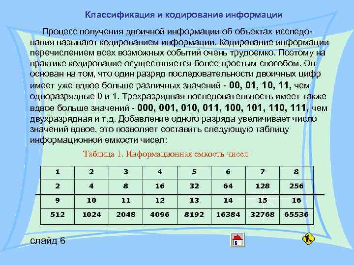 Классификация и кодирование информации Процесс получения двоичной информации об объектах исследо- Классификация и кодирование информации Процесс получения двоичной информации об объектах исследо-