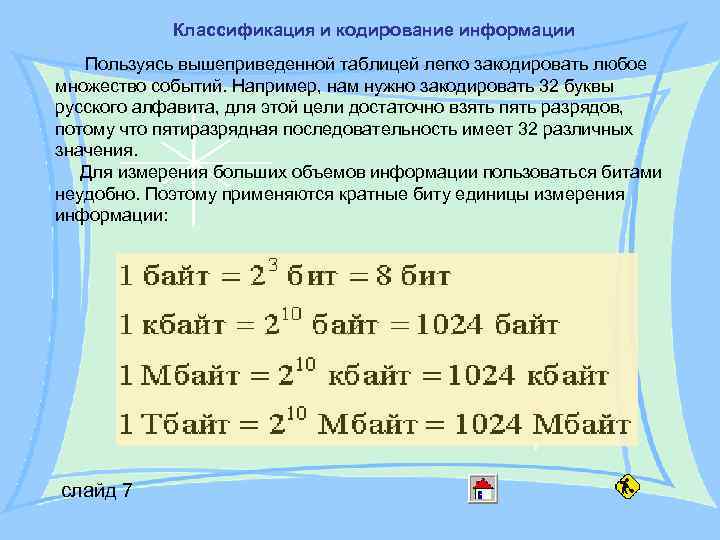 Классификация и кодирование информации Пользуясь вышеприведенной таблицей легко закодировать любое множество Классификация и кодирование информации Пользуясь вышеприведенной таблицей легко закодировать любое множество