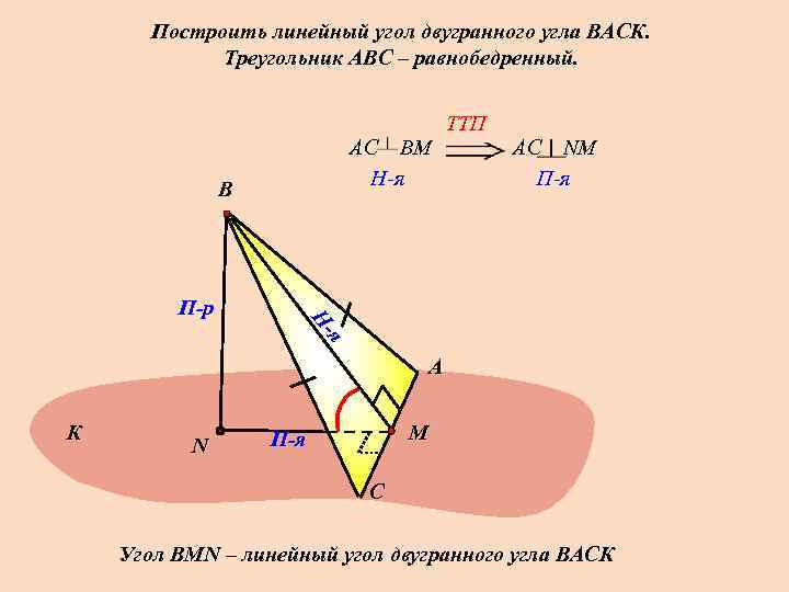   Построить линейный угол двугранного угла ВАСК.    Треугольник АВС –