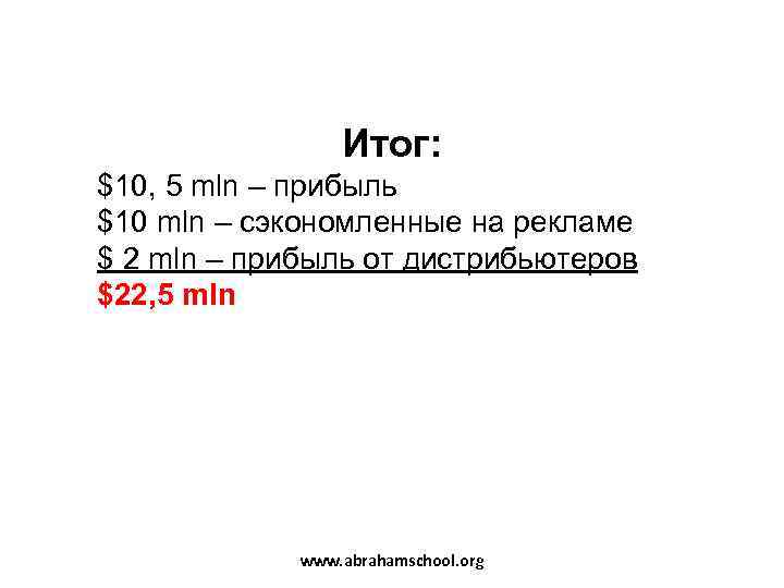    Итог: $10, 5 mln – прибыль $10 mln – сэкономленные на