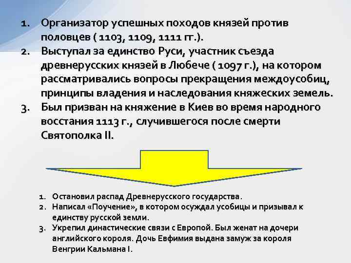 1. Организатор успешных походов князей против половцев ( 1103, 1109, 1111 гг. ). 2.