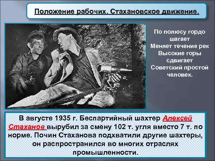   Положение рабочих. Стахановское движение.       По полюсу