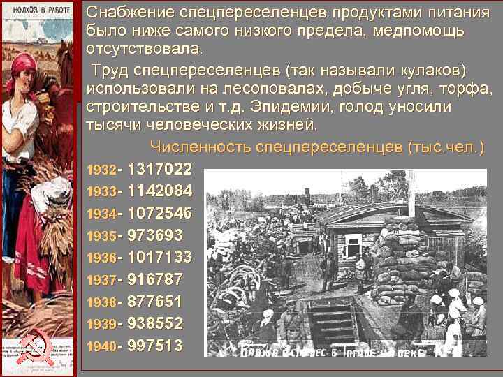 Снабжение спецпереселенцев продуктами питания было ниже самого низкого предела, медпомощь отсутствовала. Труд спецпереселенцев Снабжение спецпереселенцев продуктами питания было ниже самого низкого предела, медпомощь отсутствовала. Труд спецпереселенцев