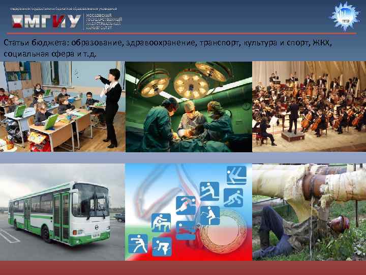 Статьи бюджета: образование, здравоохранение, транспорт, культура и спорт, ЖКХ,  социальная сфера и т.
