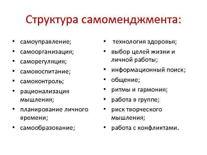Структура самоменджмента: • самоуправление; • технология здоровья; • Структура самоменджмента: • самоуправление; • технология здоровья; •