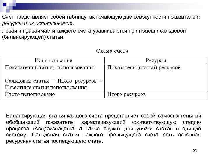 Счет представляет собой таблицу, включающую две совокупности показателей:  ресурсы и их использование. 