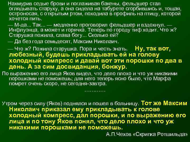   Нахмурив седые брови и поглаживая бакены, фельдшер стал оглядывать старуху, а она