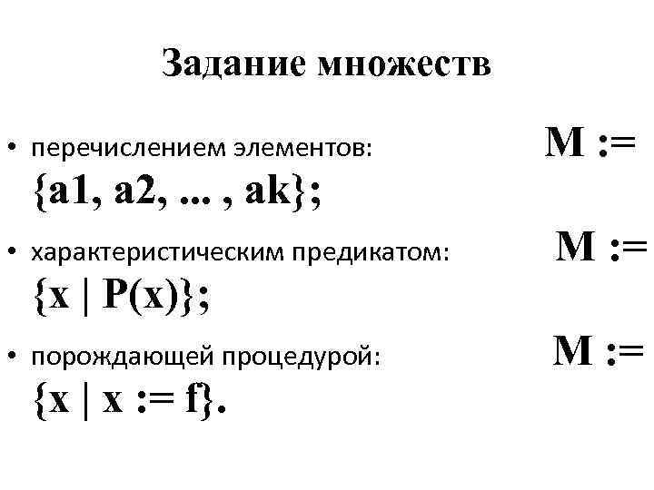 Множество заданное перечислением элементов. Порождающая процедура множества. Задание множества порождающей процедурой. Пример порождающей процедуры. Задание множества перечислением.