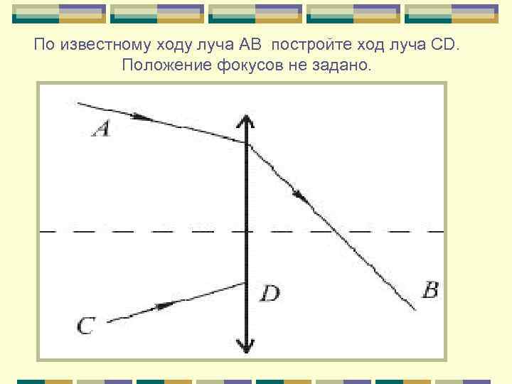  По известному ходу луча АВ постройте ход луча CD.   Положение фокусов