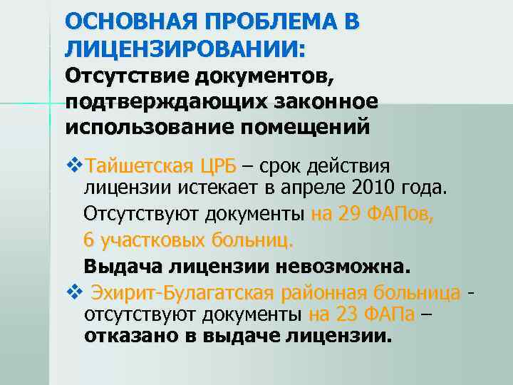 ОСНОВНАЯ ПРОБЛЕМА В ЛИЦЕНЗИРОВАНИИ:  Отсутствие документов,  подтверждающих законное использование помещений v. Тайшетская
