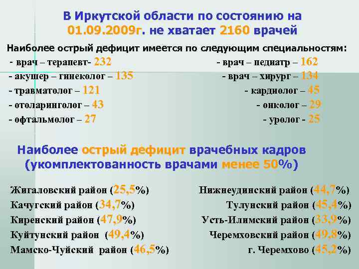   В Иркутской области по состоянию на   01. 09. 2009 г.