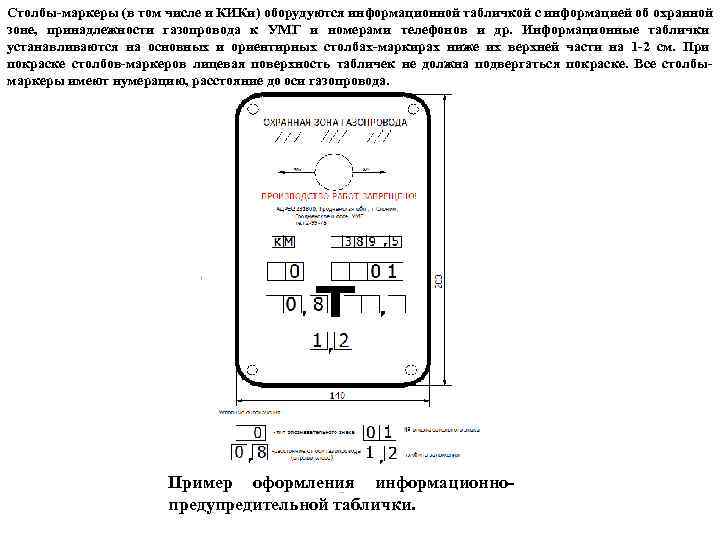 Столбы-маркеры (в том числе и КИКи) оборудуются информационной табличкой с информацией об охранной зоне,