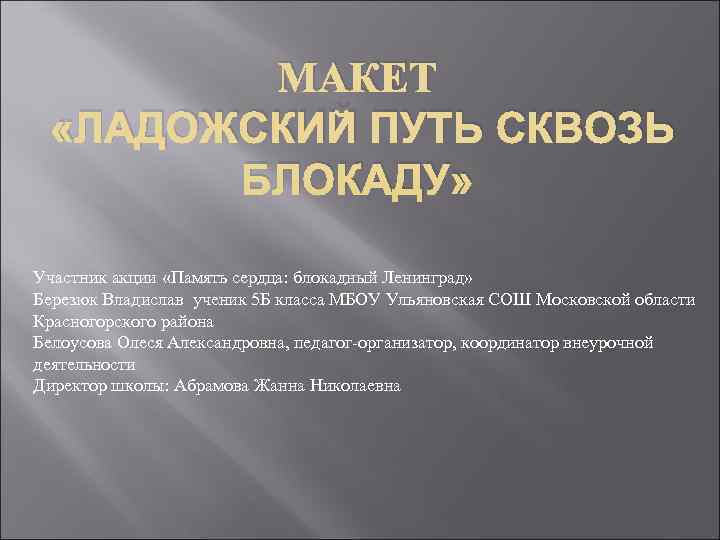    МАКЕТ  «ЛАДОЖСКИЙ ПУТЬ СКВОЗЬ   БЛОКАДУ»  Участник акции