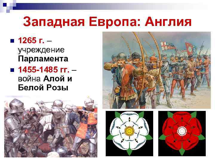 Западная Европа: Англия n 1265 г. – учреждение Парламента n 1455 Западная Европа: Англия n 1265 г. – учреждение Парламента n 1455