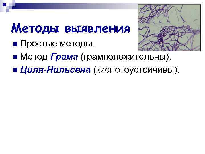 Методы выявления n Простые методы. n Метод Грама (грамположительны). n Циля-Нильсена (кислотоустойчивы). Методы выявления n Простые методы. n Метод Грама (грамположительны). n Циля-Нильсена (кислотоустойчивы).
