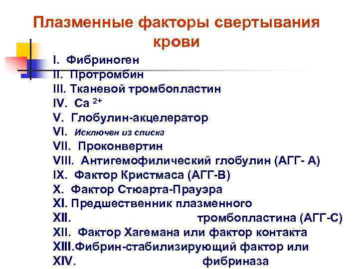 Плазменные факторы свертывания   крови  I. Фибриноген  II. Протромбин  III.