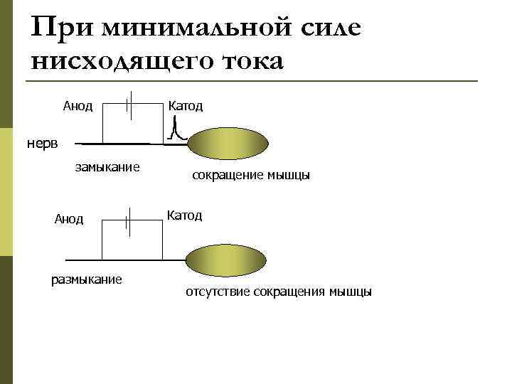 При минимальной силе нисходящего тока  Анод   Катод нерв   замыкание