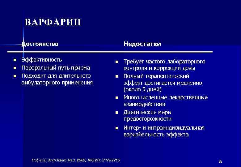   ВАРФАРИН Достоинства    Недостатки n  Эффективность   