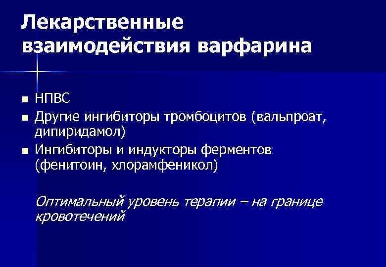Лекарственные взаимодействия варфарина n  НПВС n  Другие ингибиторы тромбоцитов (вальпроат, дипиридамол) n