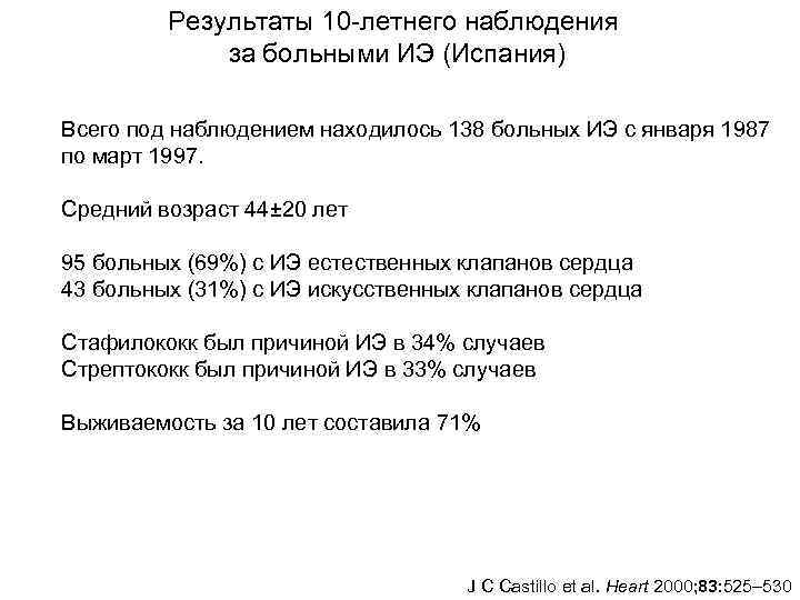    Результаты 10 -летнего наблюдения    за больными ИЭ (Испания)