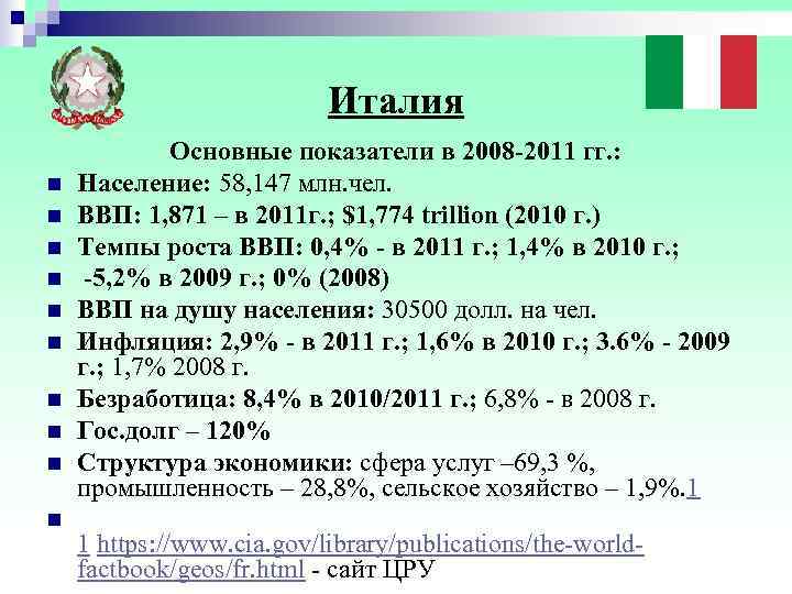       Италия   Основные показатели в 2008 -2011