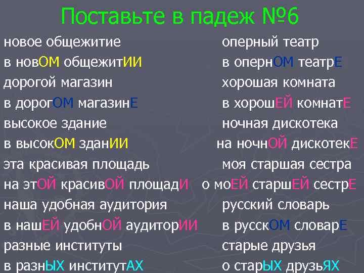   Поставьте в падеж № 6 новое общежитие   оперный театр в