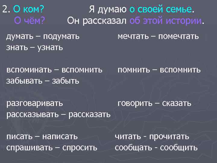 2. О ком?   Я думаю о своей семье. О чём? Он рассказал