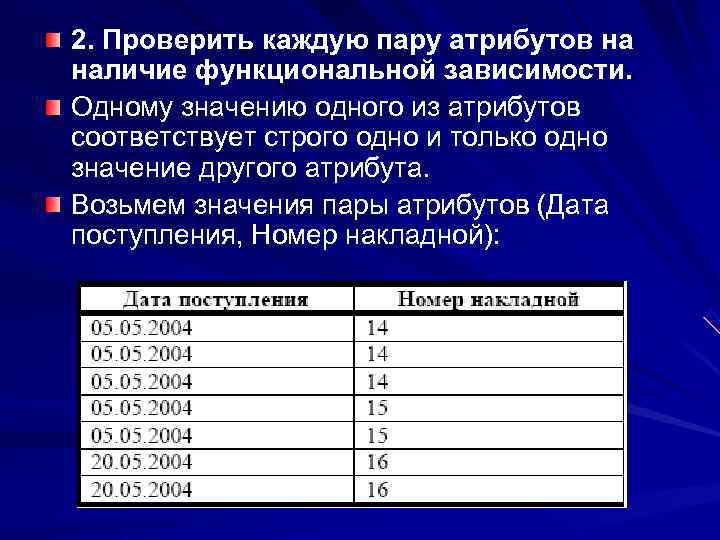 2. Проверить каждую пару атрибутов на наличие функциональной зависимости. Одному значению одного из атрибутов
