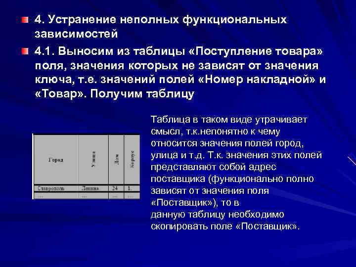4. Устранение неполных функциональных зависимостей 4. 1. Выносим из таблицы «Поступление товара» поля, значения