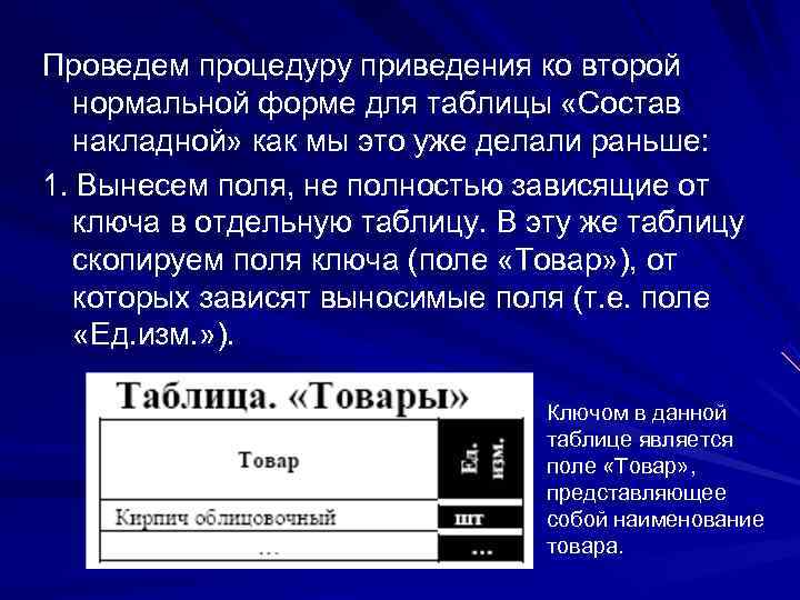 Проведем процедуру приведения ко второй  нормальной форме для таблицы «Состав  накладной» как
