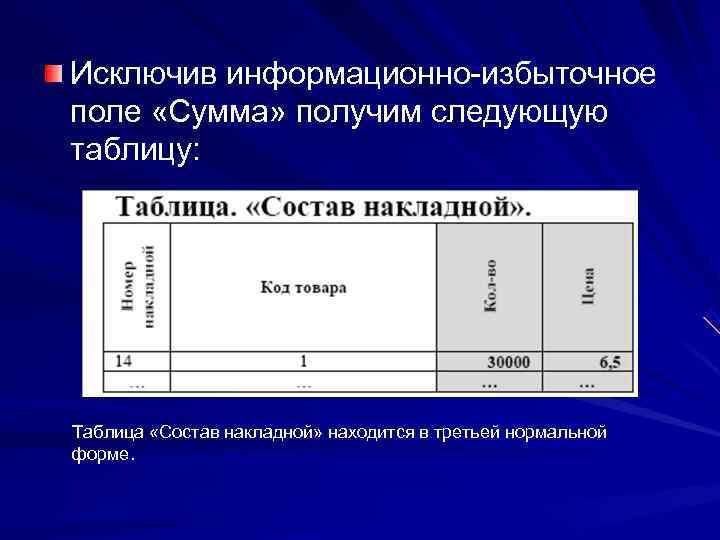 Исключив информационно-избыточное поле «Сумма» получим следующую таблицу: Таблица «Состав накладной» находится в третьей нормальной
