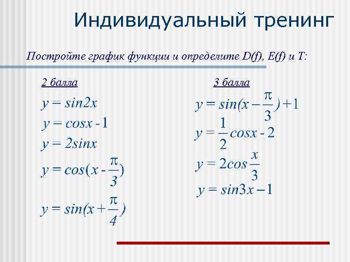   Индивидуальный тренинг Постройте график функции и определите D(f), E(f) и T: 2