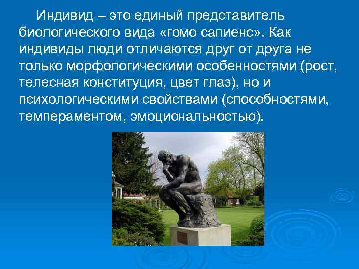  Индивид – это единый представитель биологического вида «гомо сапиенс» . Как индивиды люди