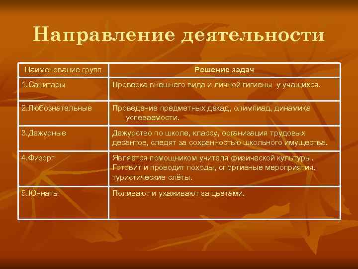  Направление деятельности Наименование групп    Решение задач 1. Санитары  Проверка