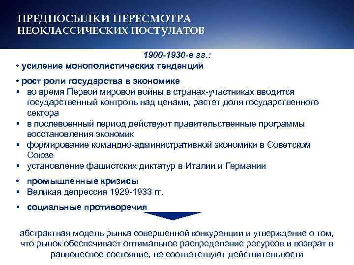 ПРЕДПОСЫЛКИ ПЕРЕСМОТРА НЕОКЛАССИЧЕСКИХ ПОСТУЛАТОВ      1900 -1930 -е гг. :