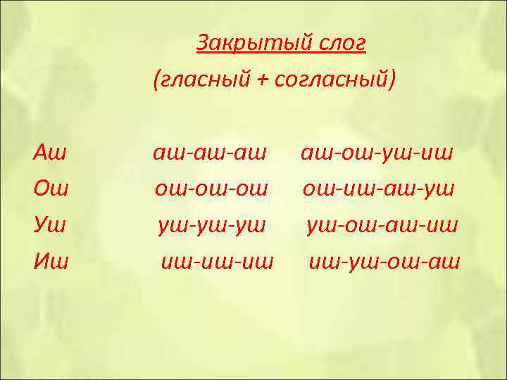 Закрытый слог (гласный + согласный) Аш аш-аш-аш аш-ош-уш-иш Ош Закрытый слог (гласный + согласный) Аш аш-аш-аш аш-ош-уш-иш Ош