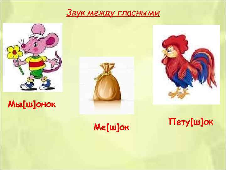   Звук между гласными Мы[ш]онок      Пету[ш]ок  