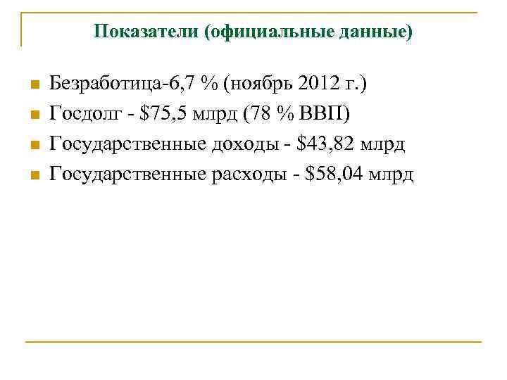   Показатели (официальные данные) n  Безработица-6, 7 % (ноябрь 2012 г. )