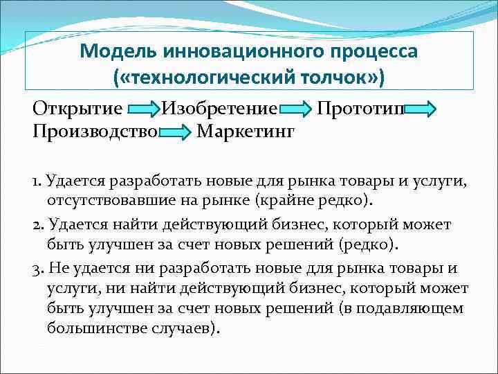 Инновационная модель. Модели инновационного процесса. Модель технологического толчка. Линейная модель инноваций. Минусы линейной модели инноваций технологического толчка.