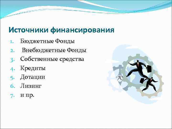 Источники финансирования 1.  Бюджетные Фонды 2.  Внебюджетные Фонды 3.  Собственные средства