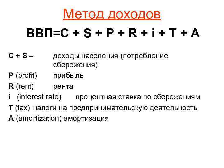    Метод доходов ВВП=C + S + P + R + i