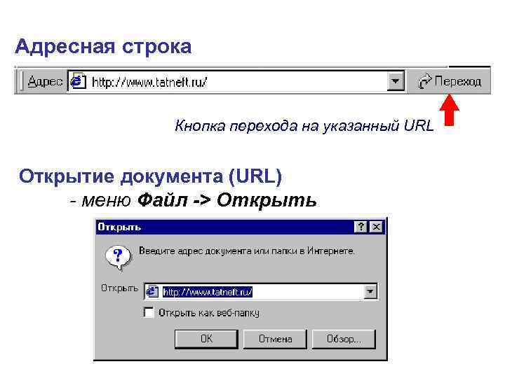 Адресная строка    Кнопка перехода на указанный URL  Открытие документа (URL)