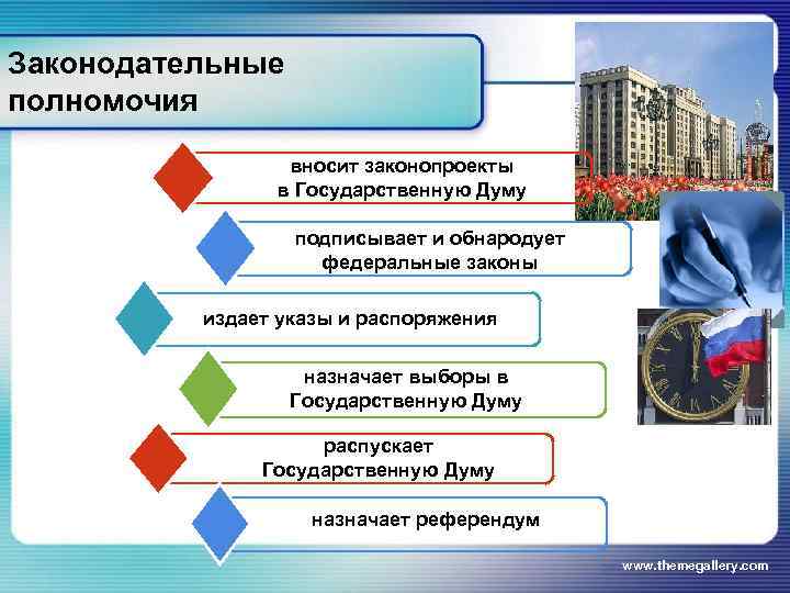 Законодательные полномочия    вносит законопроекты   в Государственную Думу  